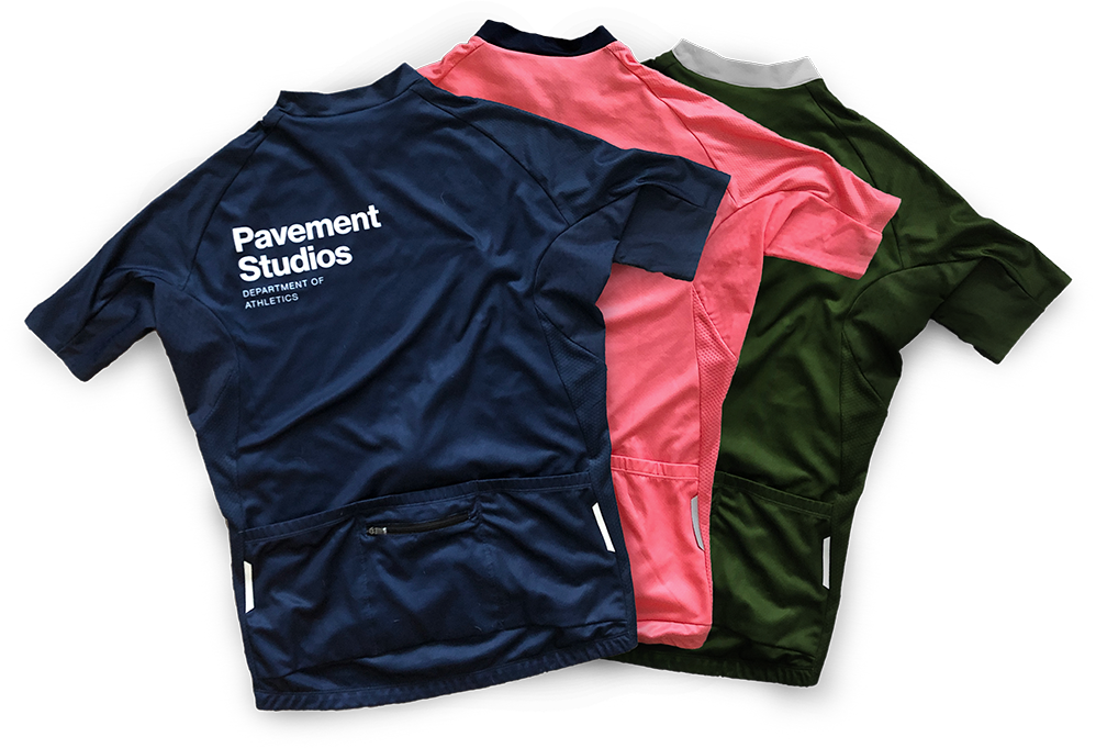Pavement Studios cycling jerseys in Deep Sea (navy), Coral and Soft Racing Green